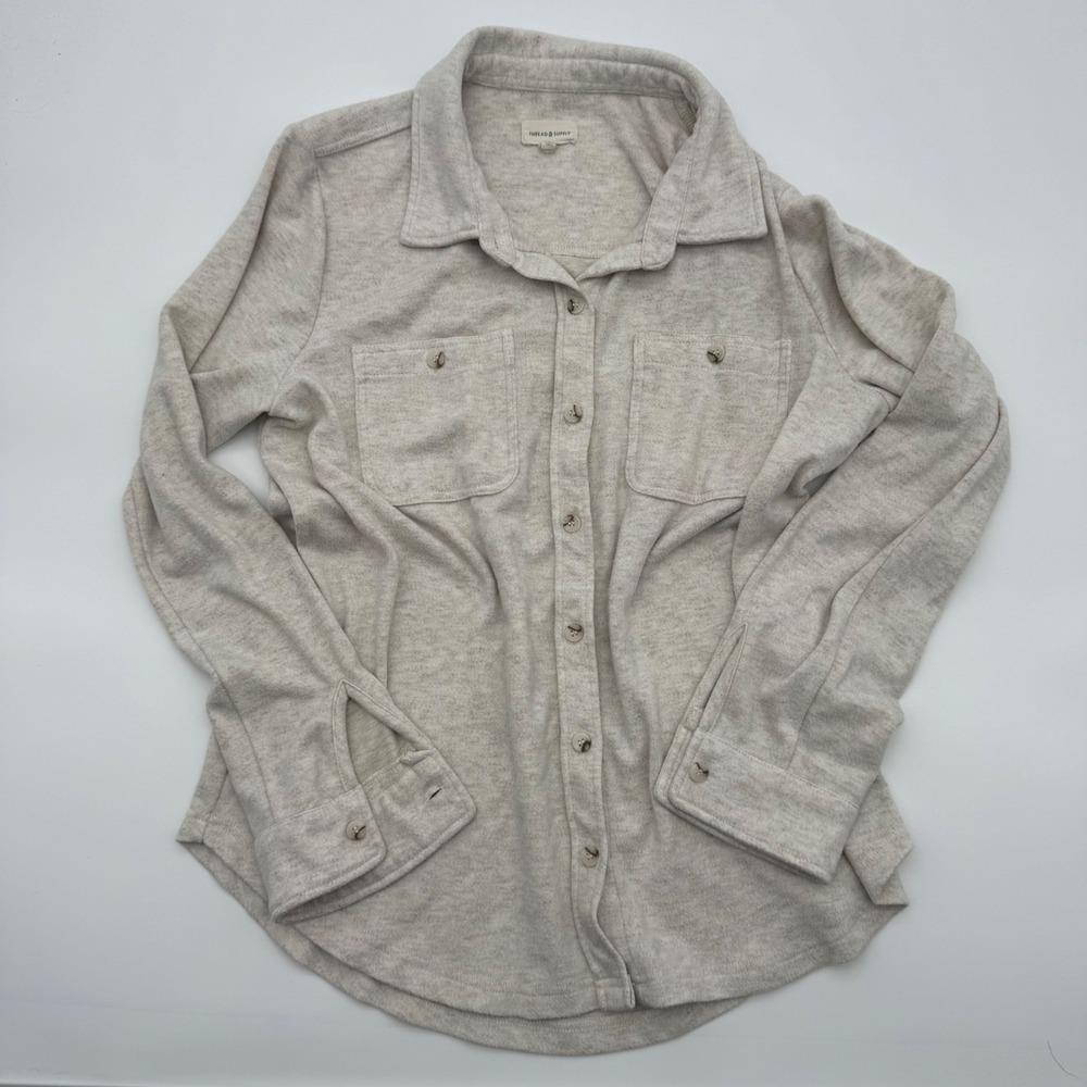 Thread & Supply Oatmeal Knit Button Down Shacket Shirt Jacket Medium Lewis Top - Picture 3 of 6